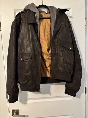 Men's Dark Brown Leather Bomber Jacket with Hooded Liner